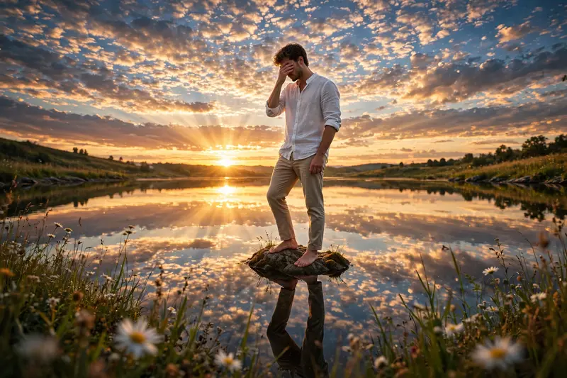 Ultra-realistic DSLR sunset photography of a handsome young man standing barefoot on a small rock in a mirror-like lake, wearing a white linen shirt