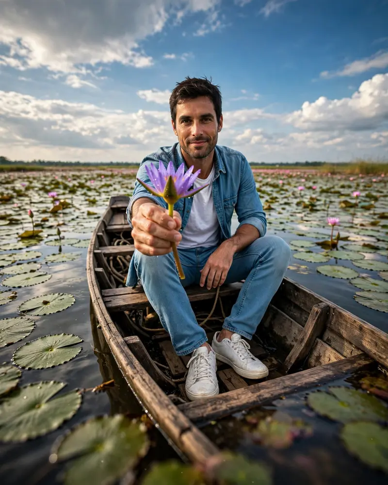 Ultra-realistic wide-angle portrait of a man sitting in a narrow wooden boat on a lotus lake, holding a purple water lily toward the camera, casual