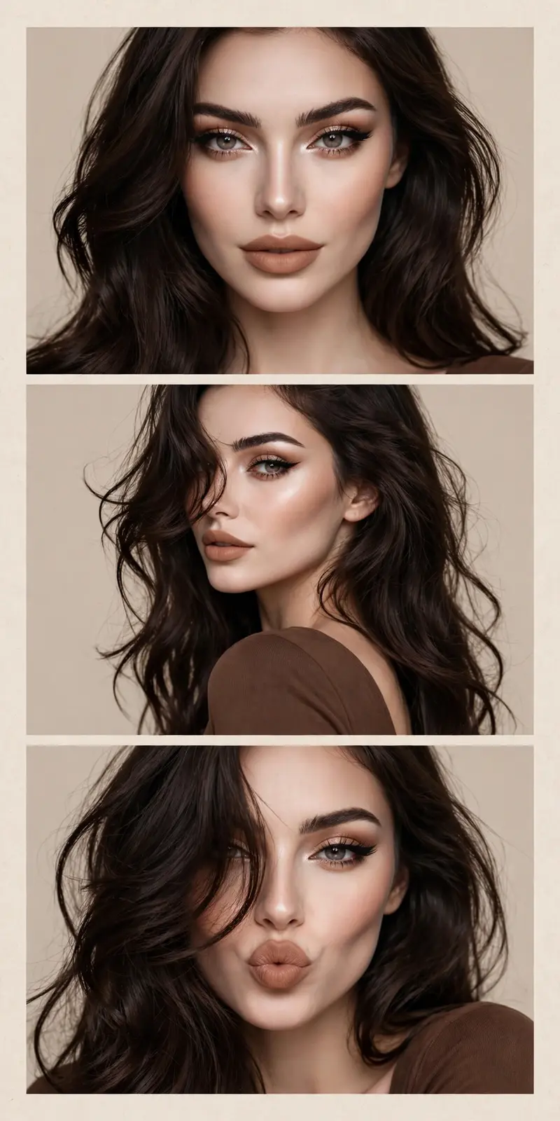 ultra realistic beauty collage, vertical 3-panel photo layout, three different poses in stacked frames, glamorous doll-inspired makeup, studio flash