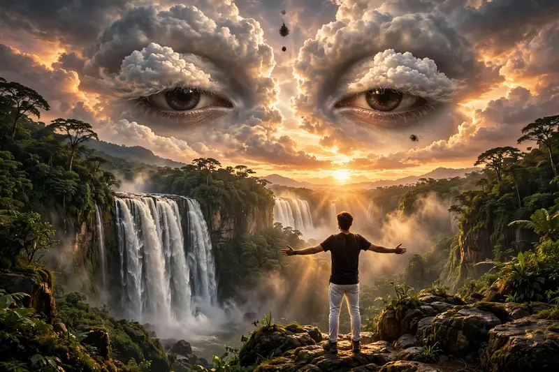 Ultra-realistic cinematic sunset photography, a young man standing from the back on a rocky platform beside a giant waterfall, arms fully open, black