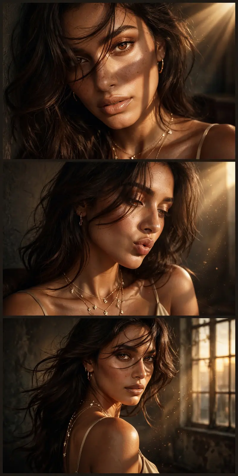 Ultra-realistic cinematic editorial portrait collage of a beautiful South Asian woman in a dark moody indoor room with warm golden sunset light