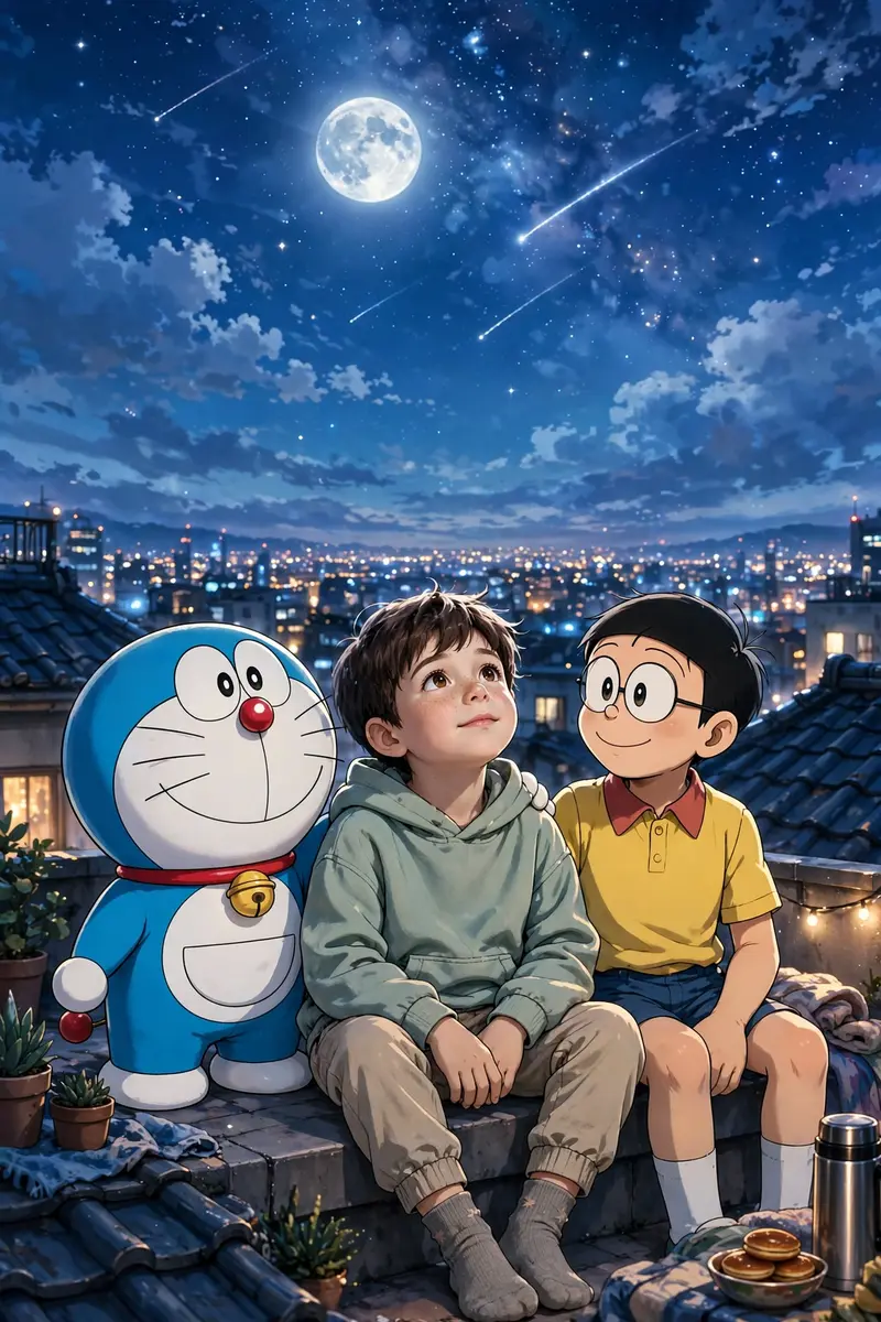 Use Image (uploaded kids photo) as the exact identity reference. Create an cinematic anime-realism scene inspired by a cozy rooftop terrace setting
