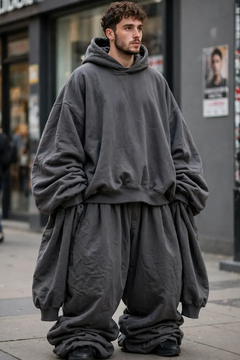 Transform the clothing worn by the person in the uploaded image into an extremely oversized, ultra-baggy “jhula dhala” streetwear outfit while