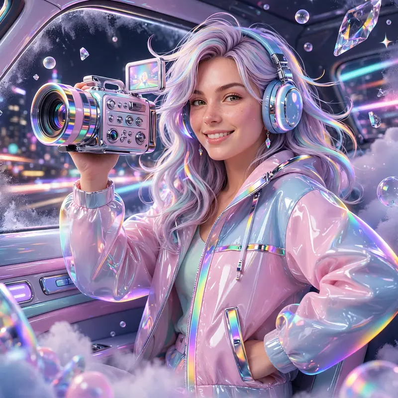 a camcorder vlogger filming a night drive captured in frosted-glass futurism illustration, striking a confident pose. Iridescent rainbow rim light