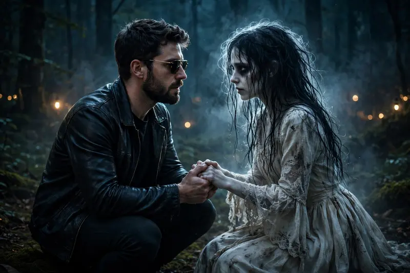 Ultra realistic cinematic night portrait of a person kneeling and holding hands with a horror ghost girl romantically in a dark forest at night, 100%