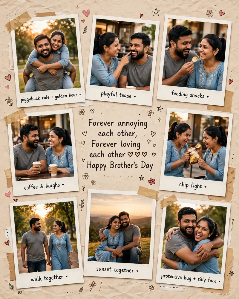 Ultra realistic cinematic Brother-Sister scrapbook collage using the TWO uploaded reference photos ONLY. Preserve the EXACT facial identity, skin