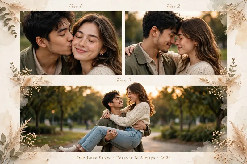 Ultra-realistic cinematic romantic collage poster of me and my girlfriend in a dreamy love-story composition. Pose 1: close-up romantic moment where