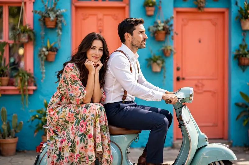 Ultra-realistic colorful lifestyle portrait of a couple, with both faces and hairstyles matching the provided reference image exactly. A man is