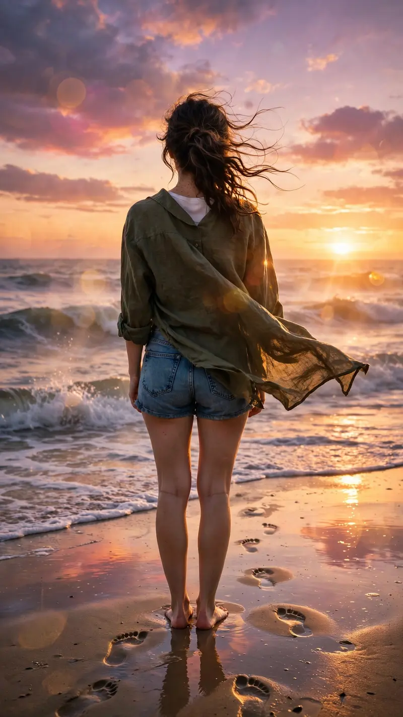 Ultra-realistic cinematic beach sunset portrait of the uploaded person standing alone near the shoreline, captured in a dreamy golden-hour atmosphere