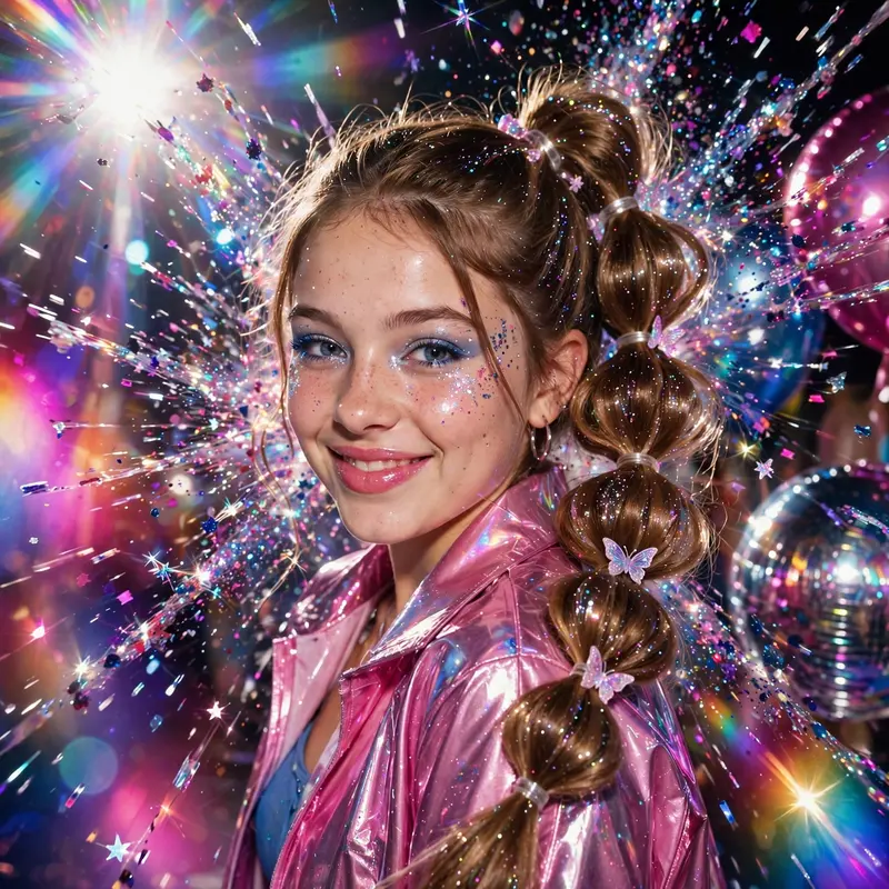 High-shine glossy Y2K digicam aesthetic artwork of a bubble-braid hairstyle catching the light, glitter exploding around the frame. Dreamy lens-flare