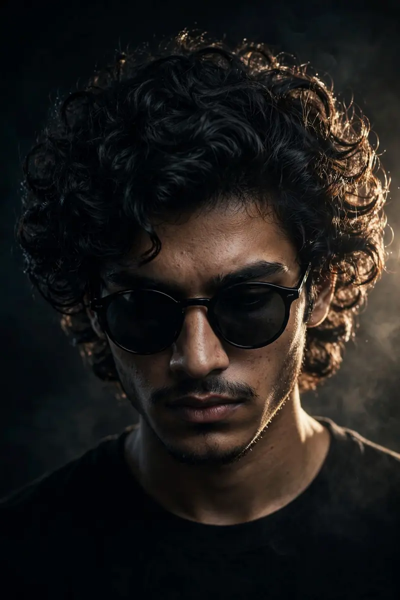 Ultra-realistic cinematic studio portrait of a young Indian man, front-facing pose with head slightly tilted down, eyes looking downward, serious and
