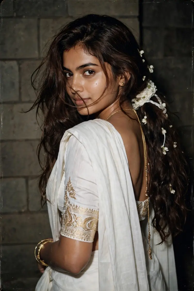 Create a dreamy y2k-style portrait of me with long espresso brown hair falling freely down my back in loose waves On my hairs there's white gajra