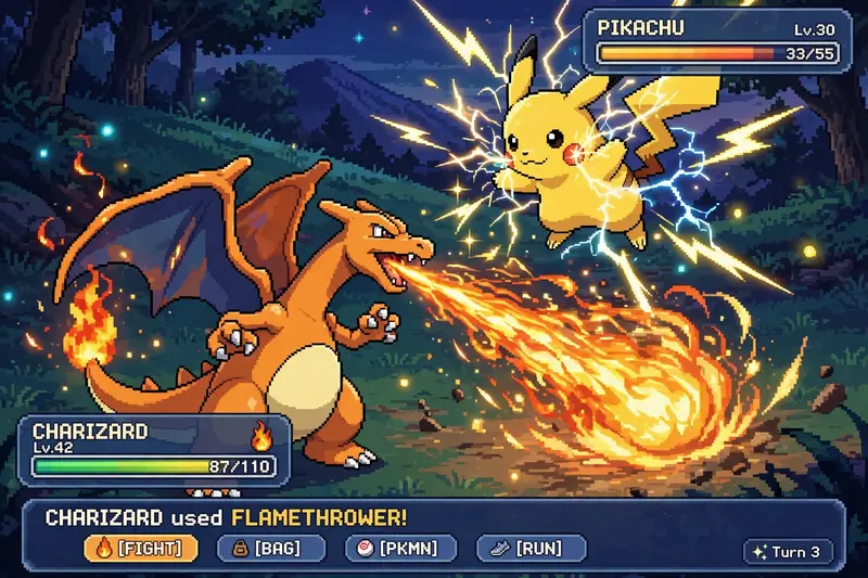 Create a scene inspired by a classic Pokémon Game Boy screenshot but redesigned with highly detailed modern pixel art. Include enhanced battle