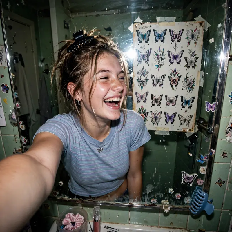 early-2000s teen magazine photography moment with a butterfly-tattoo flash sheet on display, caught mid-laugh in flash-lit glory. Harsh on-camera