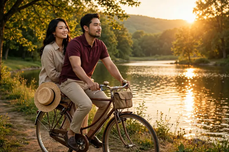Create a high-resolution romantic outdoor scene featuring a beautiful couple ( keep 100 percent same face as attached images ) riding a vintage-style