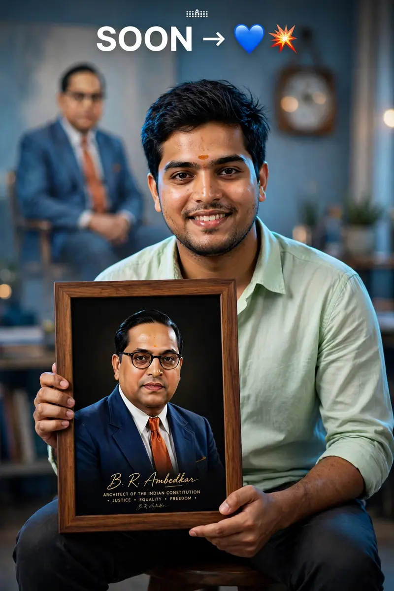 Ultra-realistic DSLR portrait of a young Indian man sitting on a stool, holding a framed portrait of Dr. B. R. Ambedkar in his hands, facing camera
