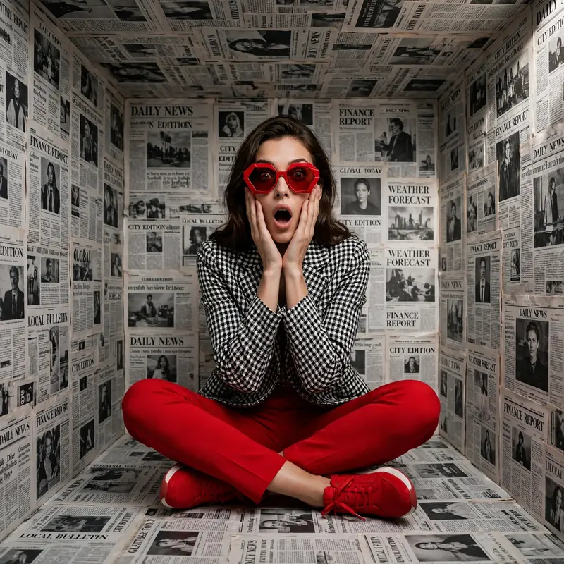 “Create A high-fashion, editorial-style portrait of me sitting cross-legged inside a small, box-shaped room completely covered with black-and-white