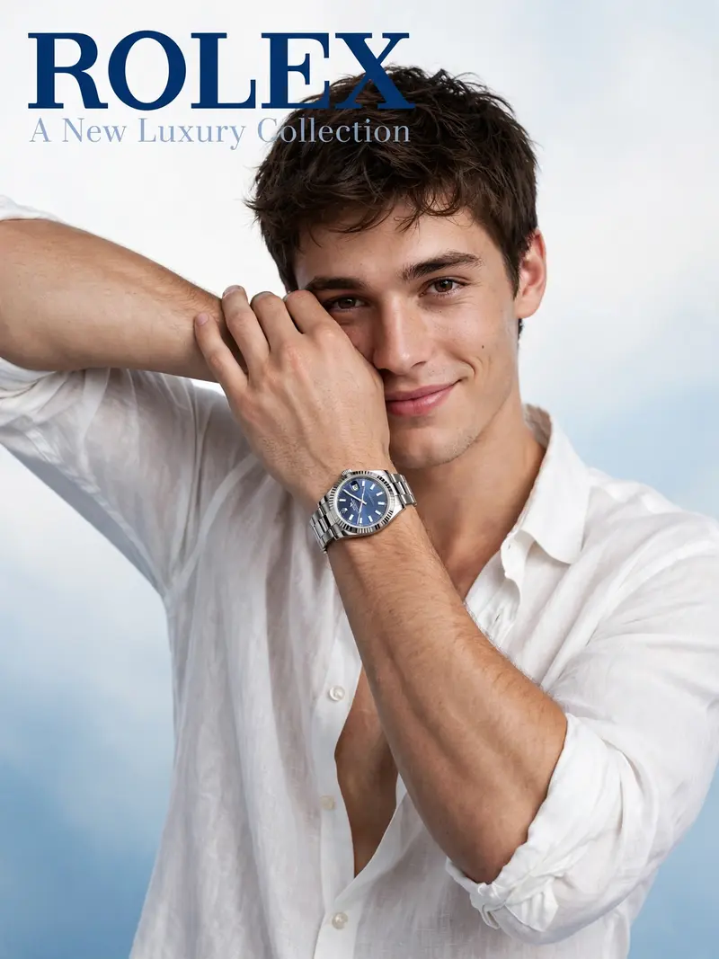 Create A white and blue gradient soft studio background with the text 'ROLEX' bold and top left'A New Luxury Collection' behind rolex text, fashion