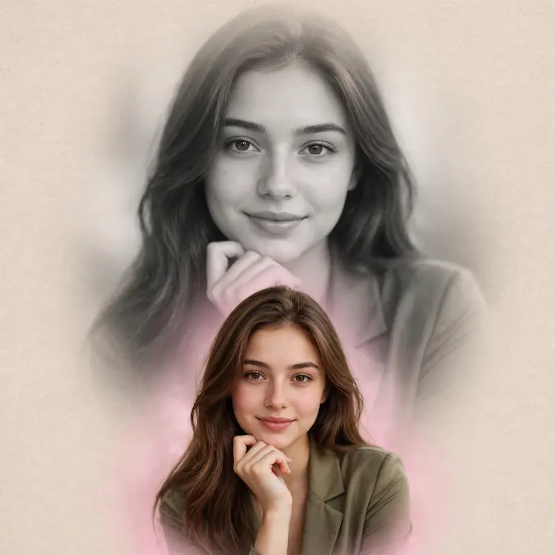 Create a stylish dual portrait profile image of a young woman using the same face. Foreground: a smaller, sharp, colored portrait of the woman placed