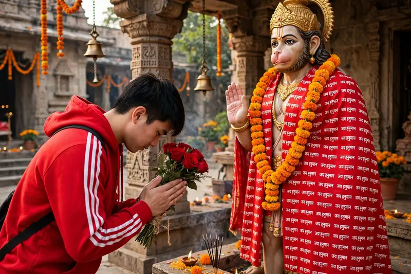 Create an image 👇A young man wearing a bright red hoodie with white Adidas-style stripes on the sleeves, standing in a temple area, bowing