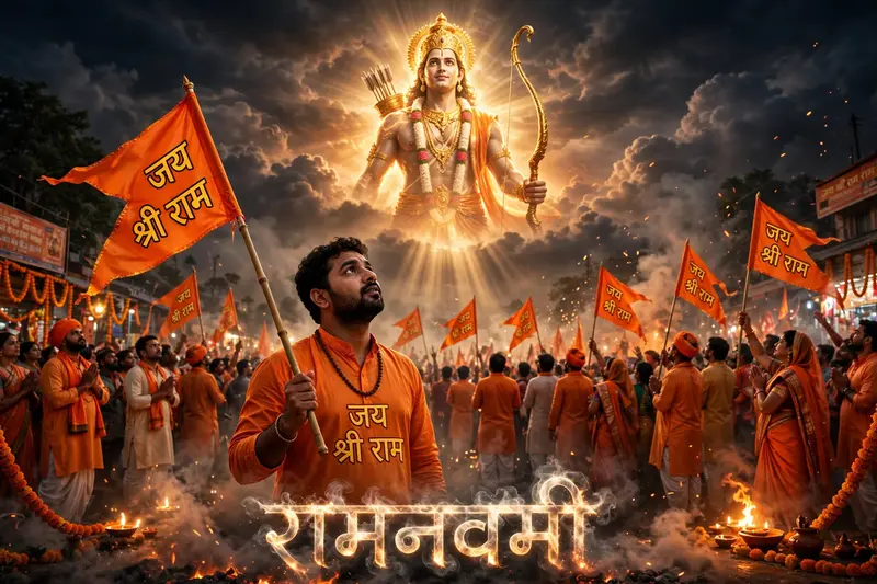 Ultra-realistic cinematic Ram Navami scene, warm orange dark smoky atmosphere. Giant glowing Lord Ram in sky. Foreground man (use uploaded photo) in