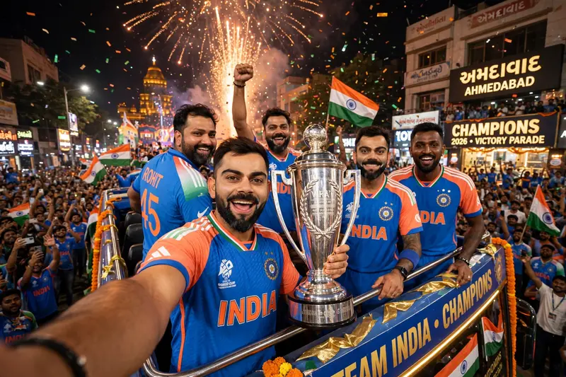 Keep my face 100% same as reference image, no face change. Ultra-realistic victory parade in Ahmedabad city after championship win. I stand on the