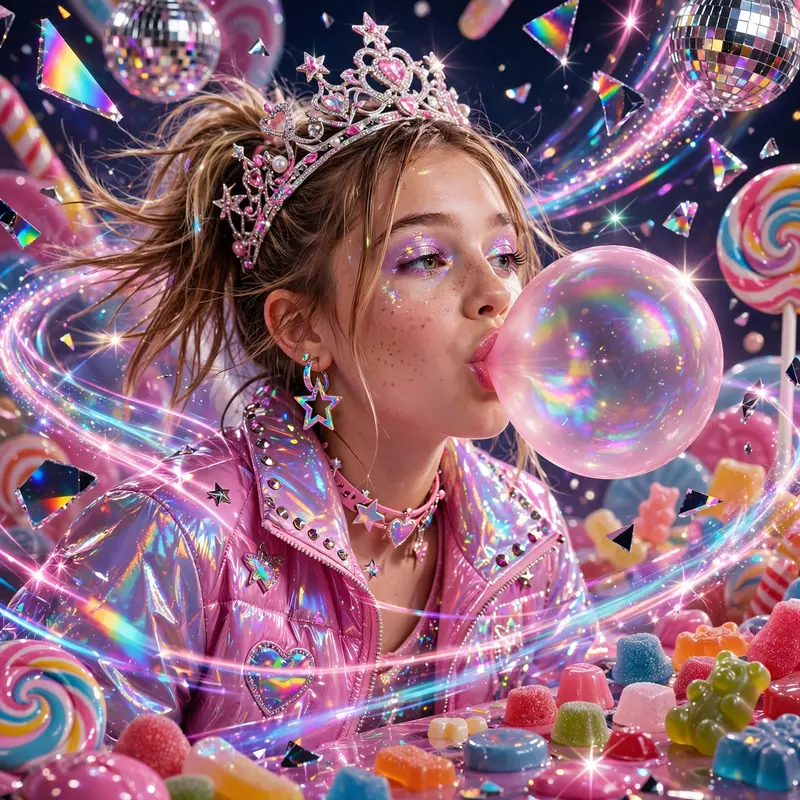 a teen queen blowing a giant bubble-gum bubble in candy-coated 2000s commercial art, frozen in a flash of early-2000s magic. Disco-ball light shards