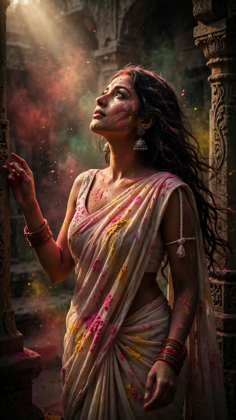 Create an image referring to the attached photo. An ultra cinematic and mystical portrait capturing an ethereal, divine moment of a woman celebrating