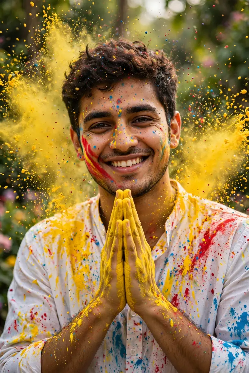 Ultra-realistic Holi festival portrait using my uploaded photo as the face reference: joyful young man smiling naturally, hands pressed together in