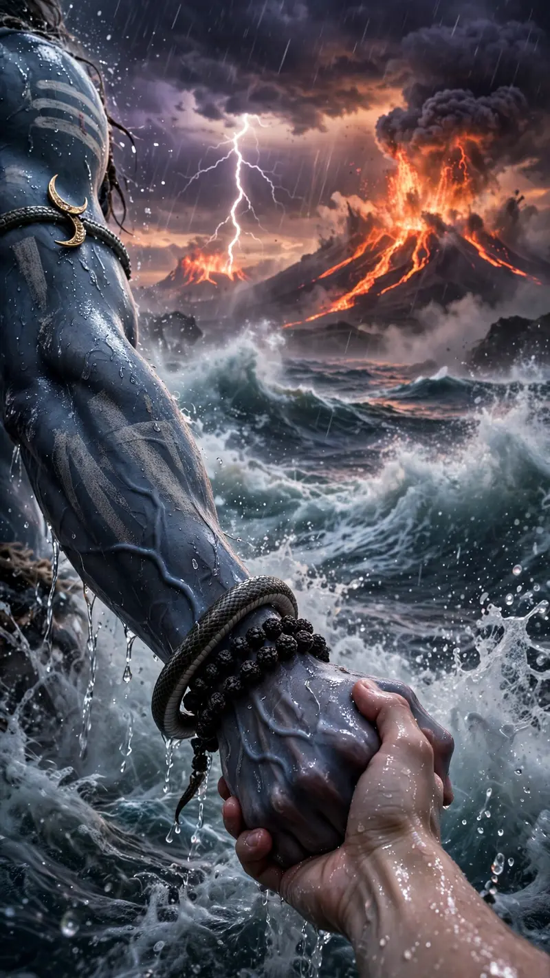 A cinematic mythological scene from a first-person POV, make me standing in a raging ocean during a cosmic storm and fully drenched, lord Shiva right