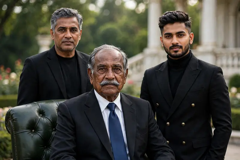 Ultra-realistic cinematic royal family portrait of three Indian men representing three generations. Grandfather seated at the center on a dark green