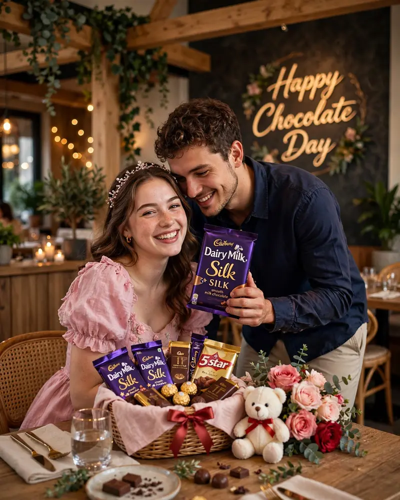 Ultra-realistic romantic Chocolate Day (Valentine’s Week) couple portrait indoors at a stylish modern café/restaurant, warm cozy ambient lighting