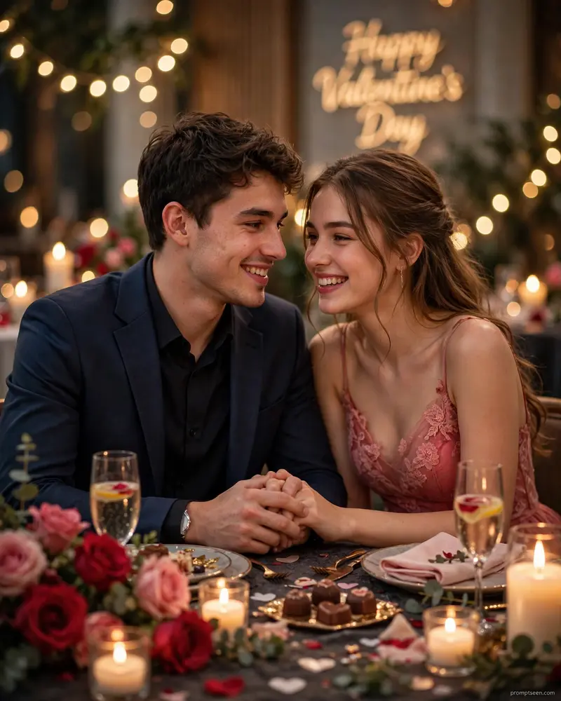 Ultra-realistic Valentine's Day romantic couple portrait, dreamy candlelight dinner celebration setting, elegant indoor romantic décor with roses
