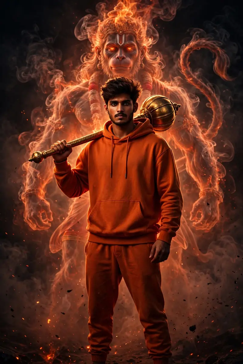 CINEMATIC, ULTRA-REALISTIC PORTRAIT OF A CONFIDENT YOUNG INDIAN MAN STANDING IN THE CENTER OF A DARK, SMOKY ENVIRONMENT. HE IS WEARING A DEEP