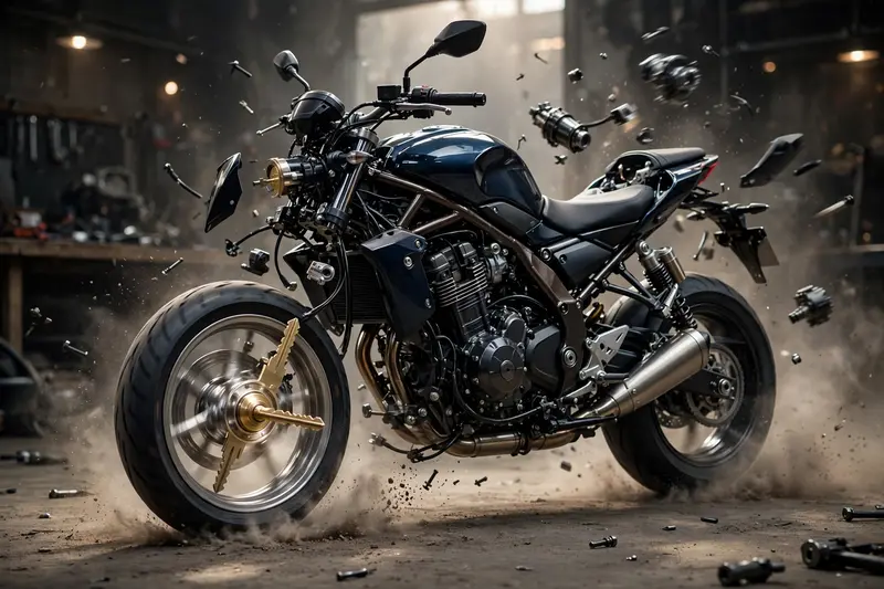 The key falls in smooth slow motion and transforms into a rotating motorcycle front tyre as it touches the ground, with soft dust flowing outward