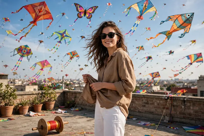 Using the uploaded [REFERENCE IMAGE] of the same woman as the main subject, create a realistic scene of a young woman posing on a rooftop under an