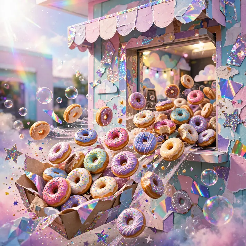 Dreamy glitter-bomb pop collage style scene featuring a frosted-donut run at a pastel drive-thru, surrounded by bubbles and sparkle. Pastel gradient
