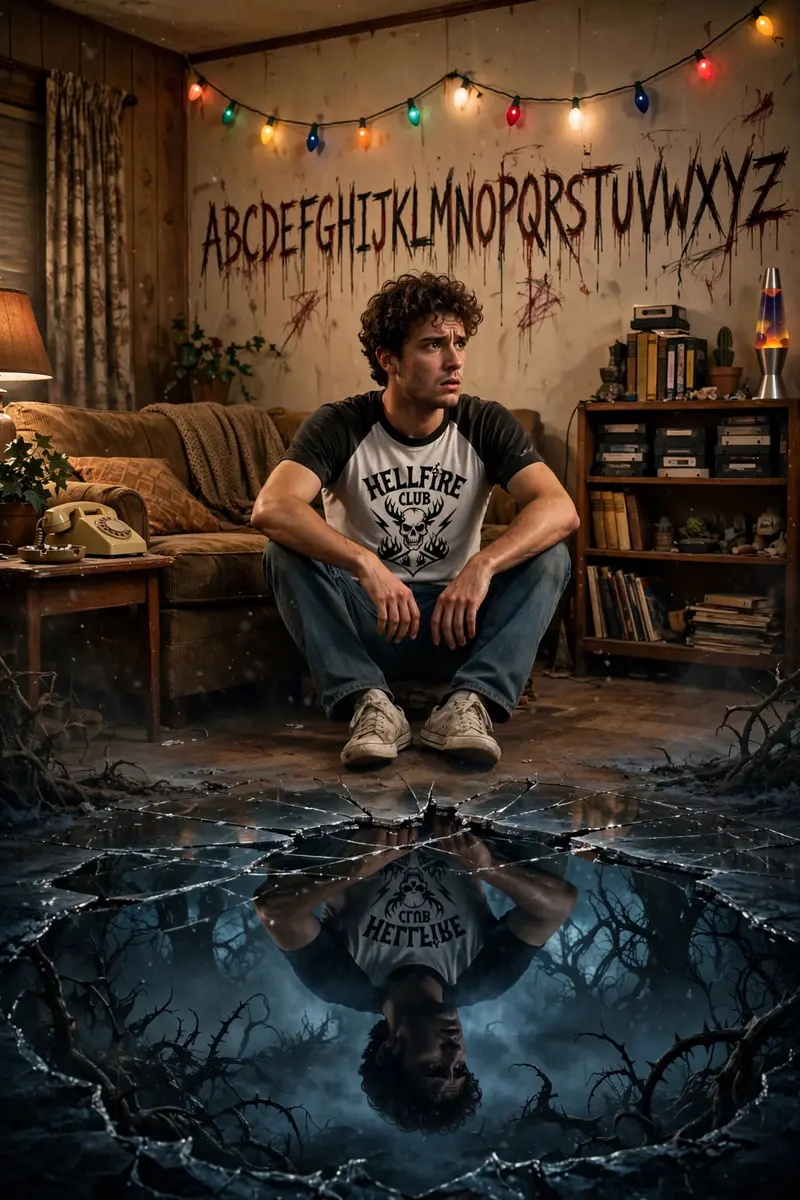 Create a cinematic poster.Show the same person from the reference - sitting con the floor inside a retro 1980s living room - wearing a white and