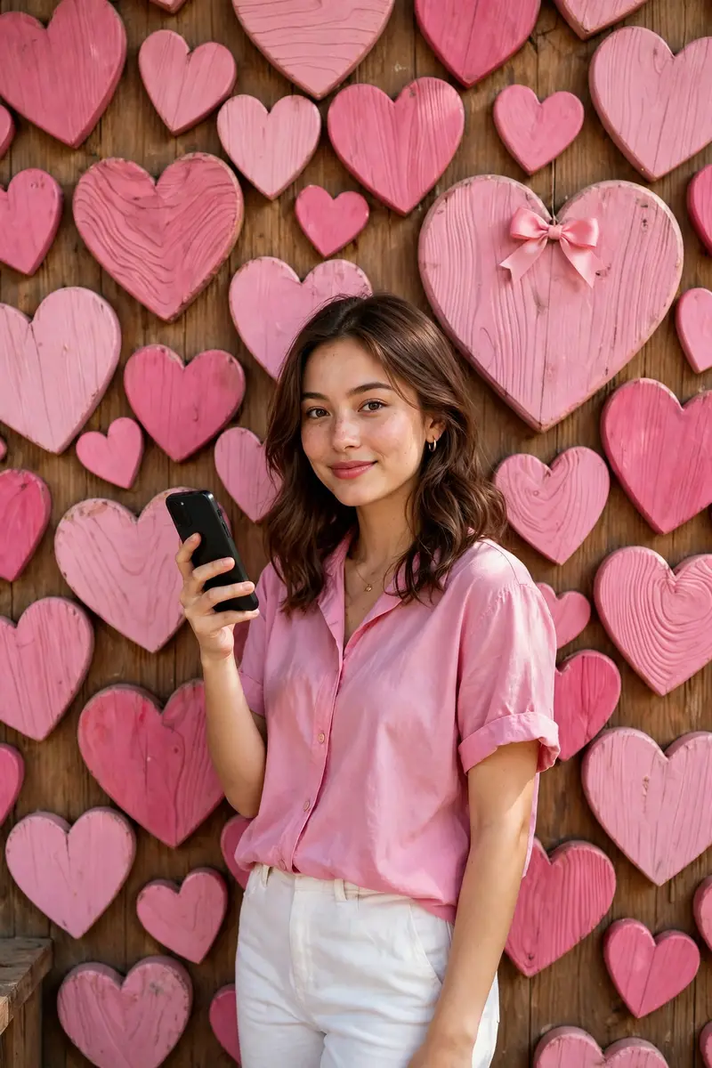 "create image of A young woman in a pink shirt and white pants, holding a phone, standing in front of a background of various pink heart shapes with