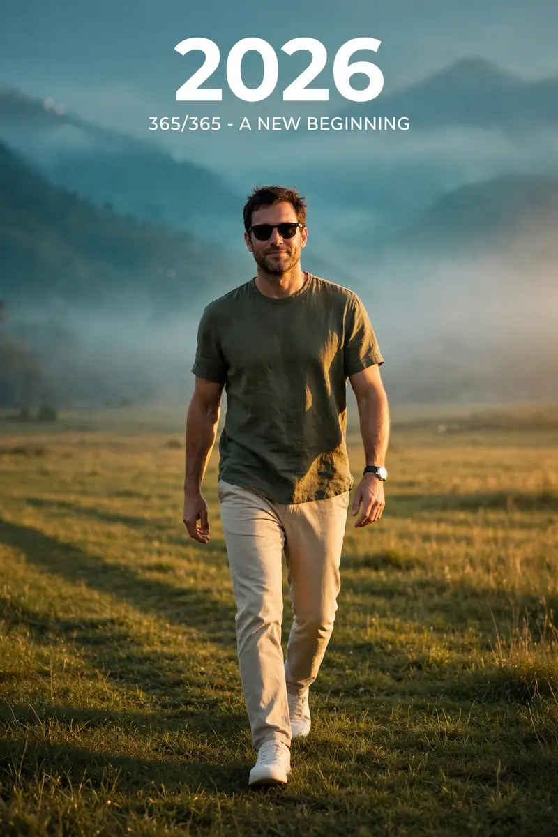 "Ultra-realistic full-body portrait of a man walking forward on a green open field at golden hour. Soft sunlight highlights his face, natural