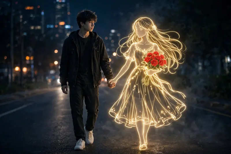 young man walks alone on a dimly lit path at night, wearing dark casual clothes and white sneakers. Beside him appears a Golden glowing, Deon-style