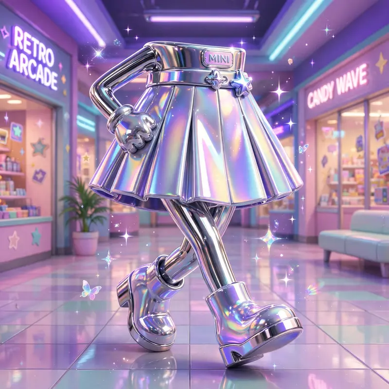 a mini-skirt icon strutting down a mall corridor captured in iridescent chrome-futurist illustration, striking a confident pose. Blacklight