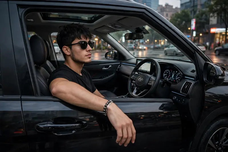 ultra-realistic cinematic portrait of a confident, naturally handsome 19-year-old man (Meri detail add karo) sitting in the driver's seat of a black