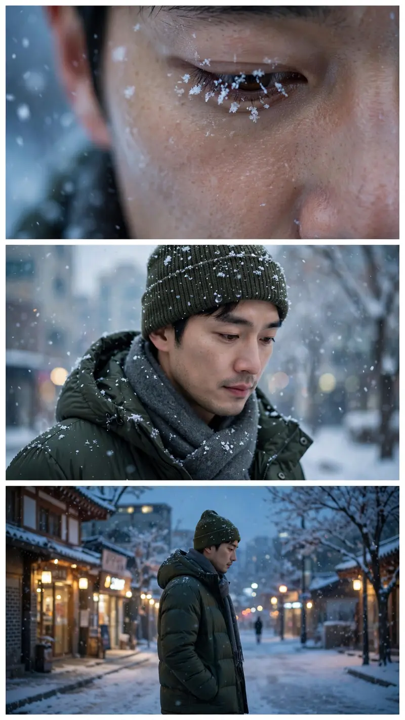 identical face shape, eyes, nose, lips, ears, and hairstyle from the uploaded man. Create a 9:16 vertical cinematic composite photo divided into 3