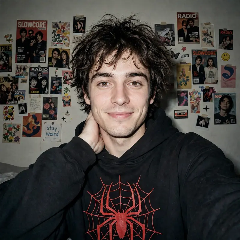 Without changing my original face, create a portrait of me captured with a 1990s-style camera using a direct front flash but not my eyes. My messy