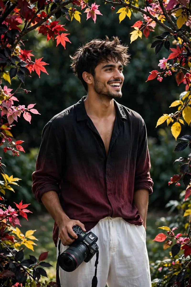 Creat a hyper-realistic dark green portrait cinematic image with dramatic smile actions.(uploaded photo 100% face match) of A stylish handsome young
