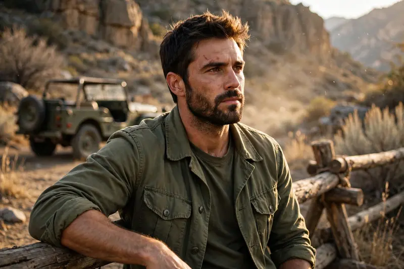 A ultra realistic rugged and intense man (face and hairstyle will same as uploaded picture) leaning casually on a wooden log fence in an outdoor