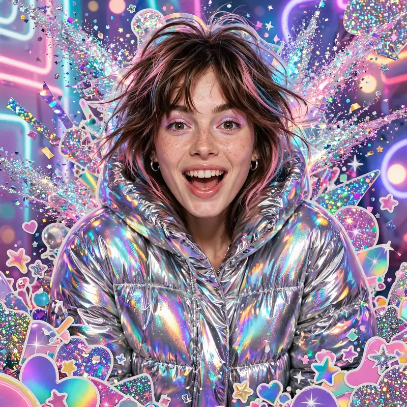 High-shine holographic sticker-book art style artwork of a model in a metallic puffer jacket, glitter exploding around the frame. Neon-sign pastel
