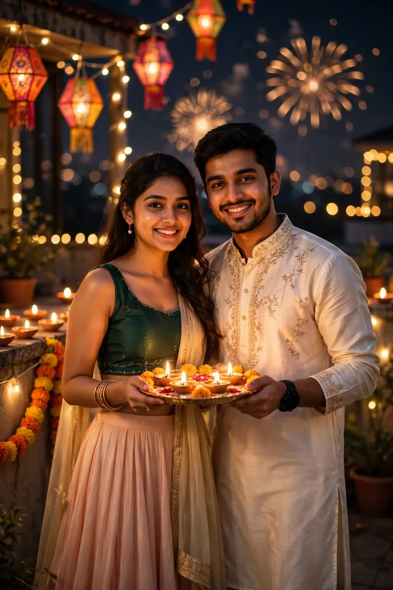 Ultra-realistic DSLR Happy Diwali rooftop portrait of the same young Indian couple (faces, hairstyles, and features must remain 100% identical to the