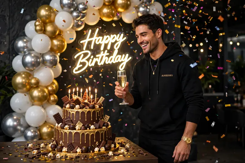 A vibrant birthday celebration photoshoot of a man me standing beside a decorated birthday cake table. He is wearing a casual black Burberry Hoodie